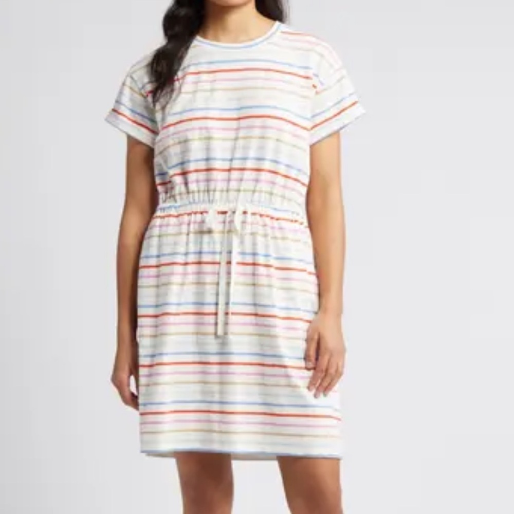 Caslon Striped Shirt Dress Short Sleeve Drawstring Casual Size S with Pockets